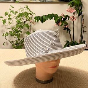Elegant Gray Stripped Hat With Butterfly Crystal Accents
